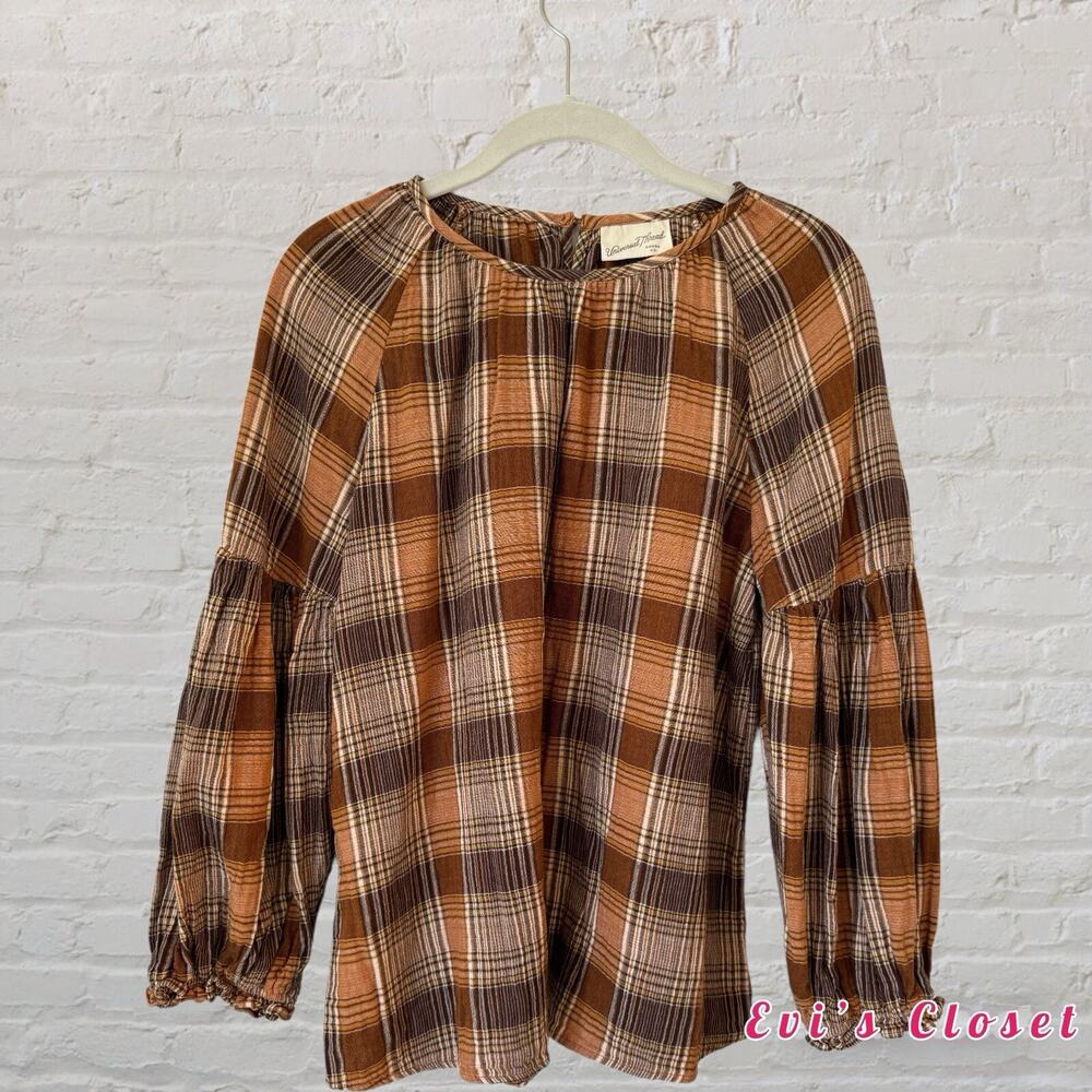 Universal Thread Top Brown Plaid Long Sleeves Ruffle Puff Sleeves Top Size: M